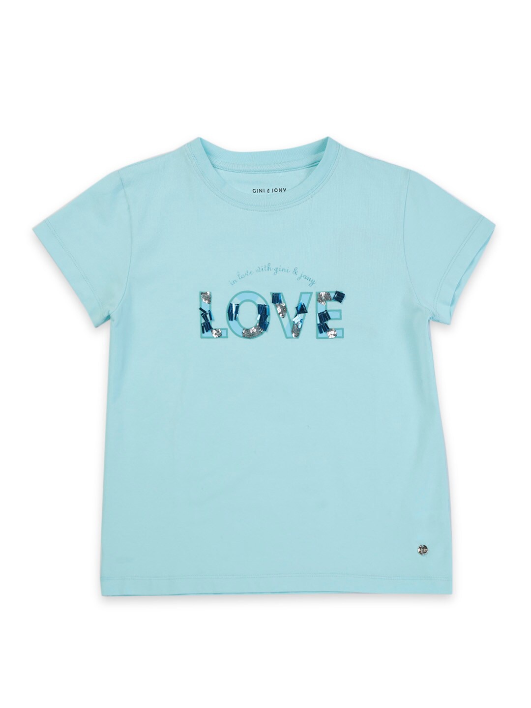 

Gini and Jony Girls Blue & Silver Typography Printed Pure Cotton T-shirt