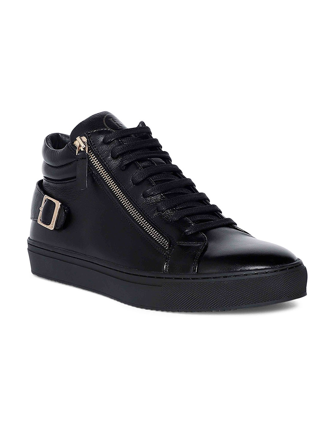 

Heel & Buckle London Men Black Textured Leather High-Top Sneakers