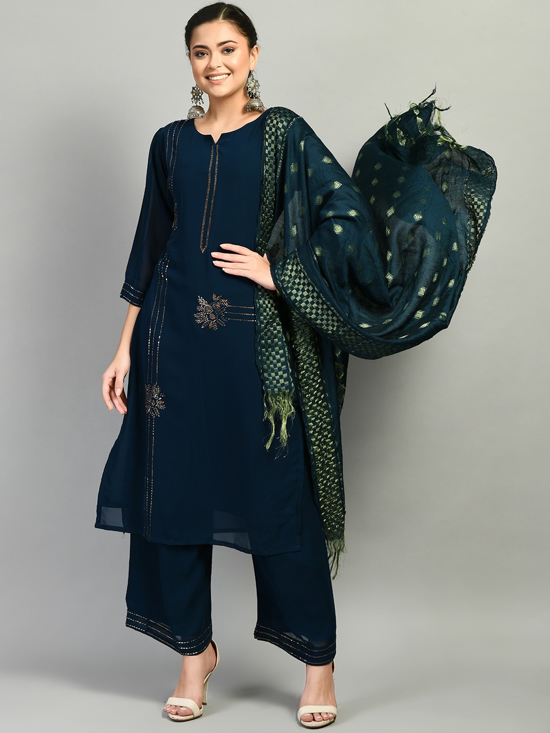 

DesiNoor.com Women Teal Blue Embroidered Kurta with Palazzos & With Dupatta