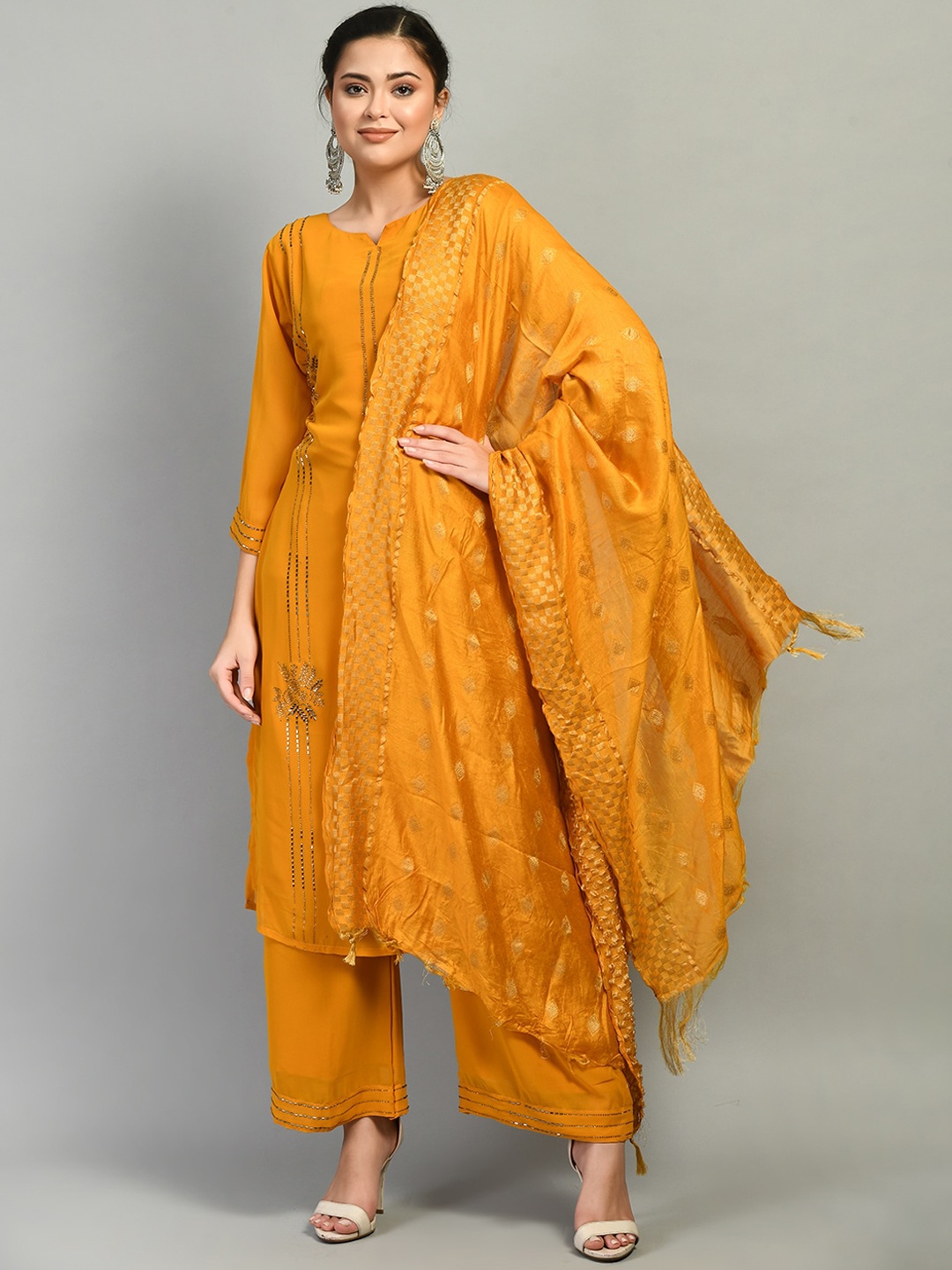 

DesiNoor.com Women Mustard Yellow Embroidered Kurta with Palazzos & With Dupatta