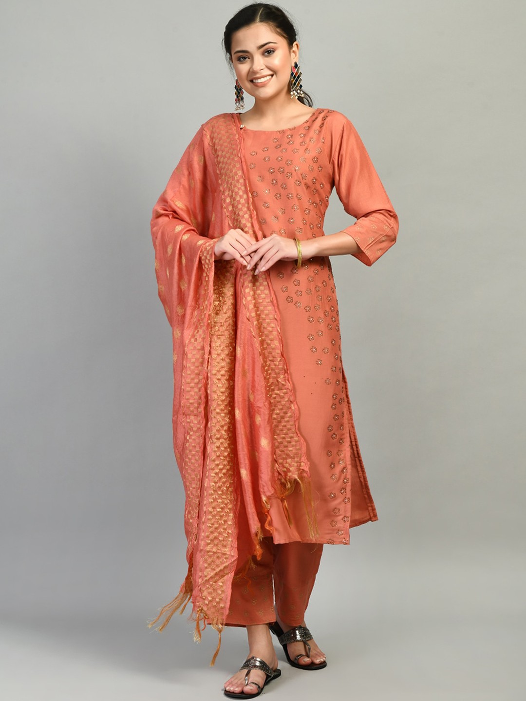 

DesiNoor.com Women Peach-Coloured Embroidered Kurta with Trousers & With Dupatta