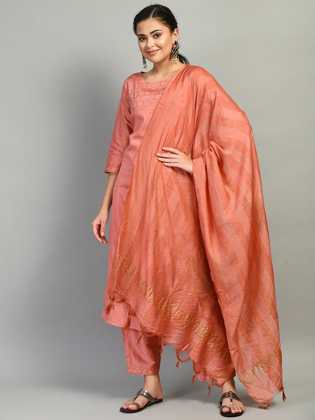 

DesiNoor.com Women Peach-Coloured Embroidered Kurta with Trousers & With Dupatta