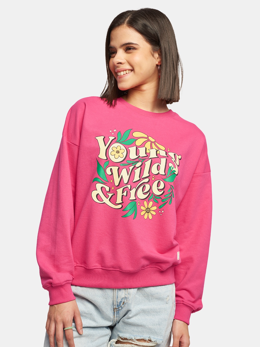 The Souled Store Women Young Wild & Free Typography Oversized Sweatshirt, Pink