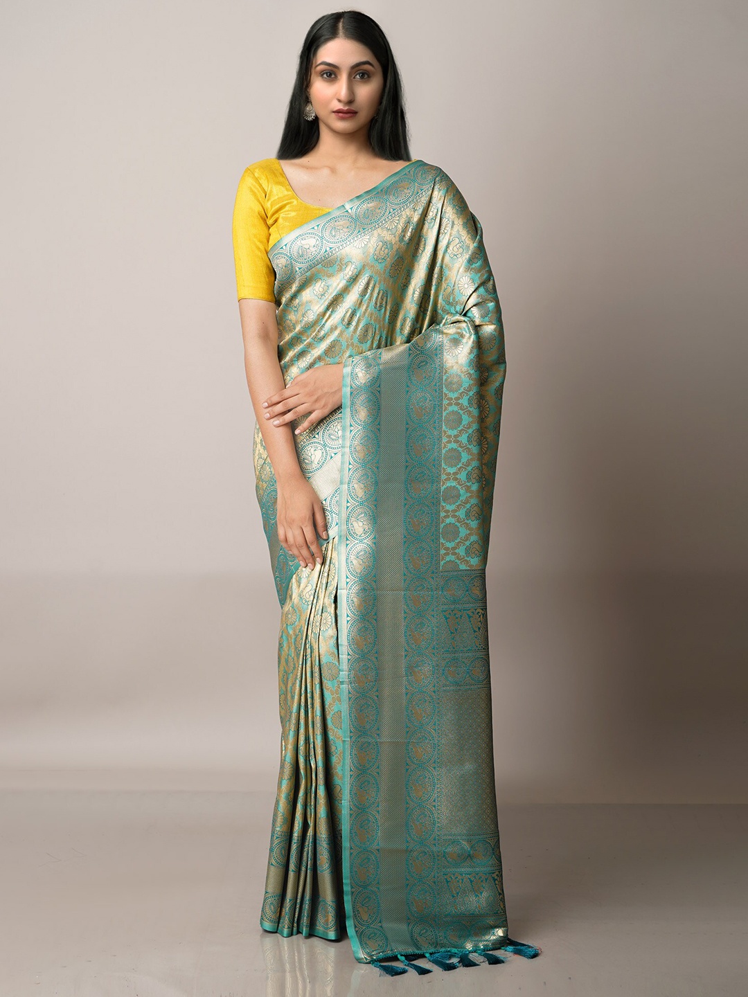 

Unnati Silks Women Blue & Gold-Toned Woven Design Zari Silk Blend Banarasi Saree