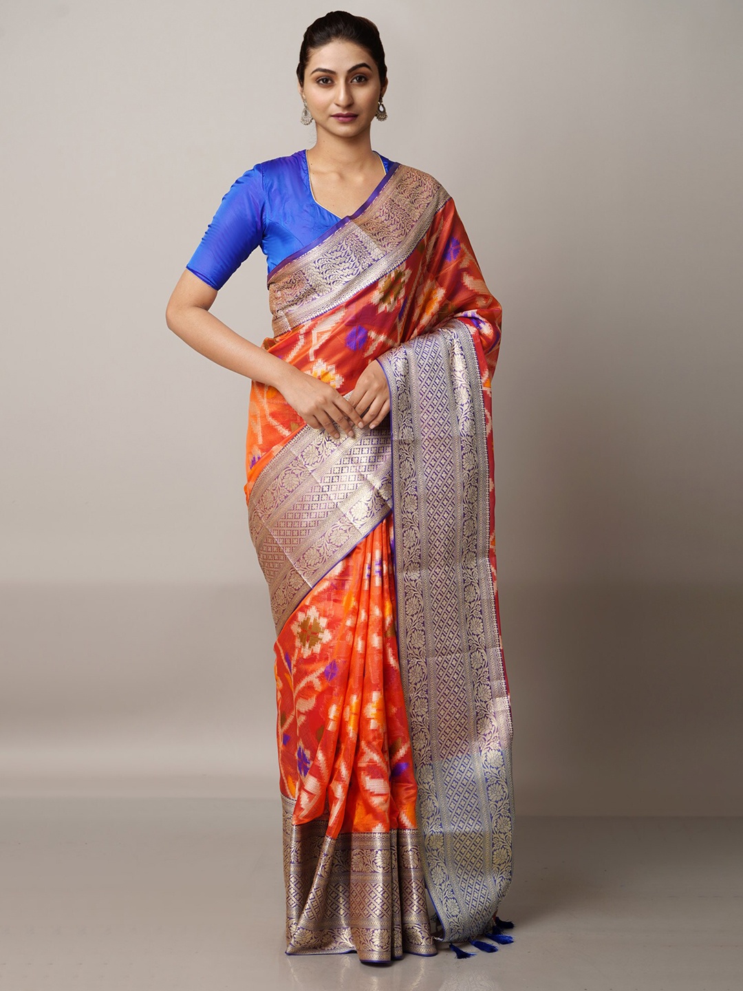 

Unnati Silks Orange & Blue Ethnic Motifs Printed Zari Silk Blend Banarasi Saree