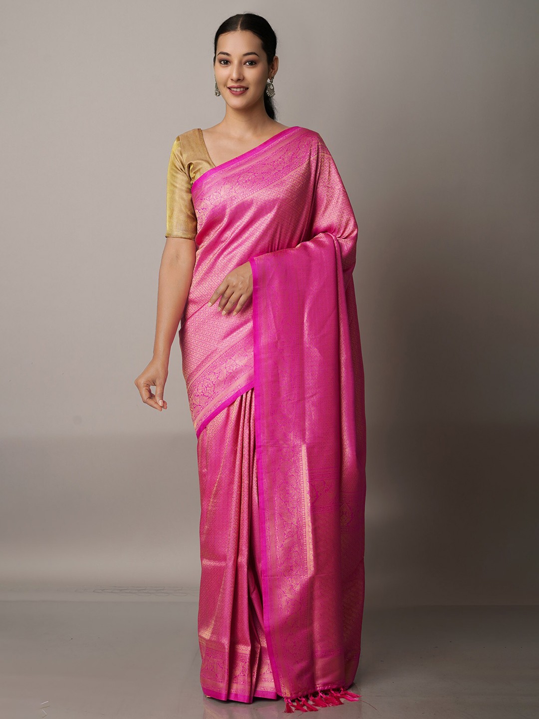 

Unnati Silks Pink & Gold-Toned Woven Design Zari Banarasi Saree