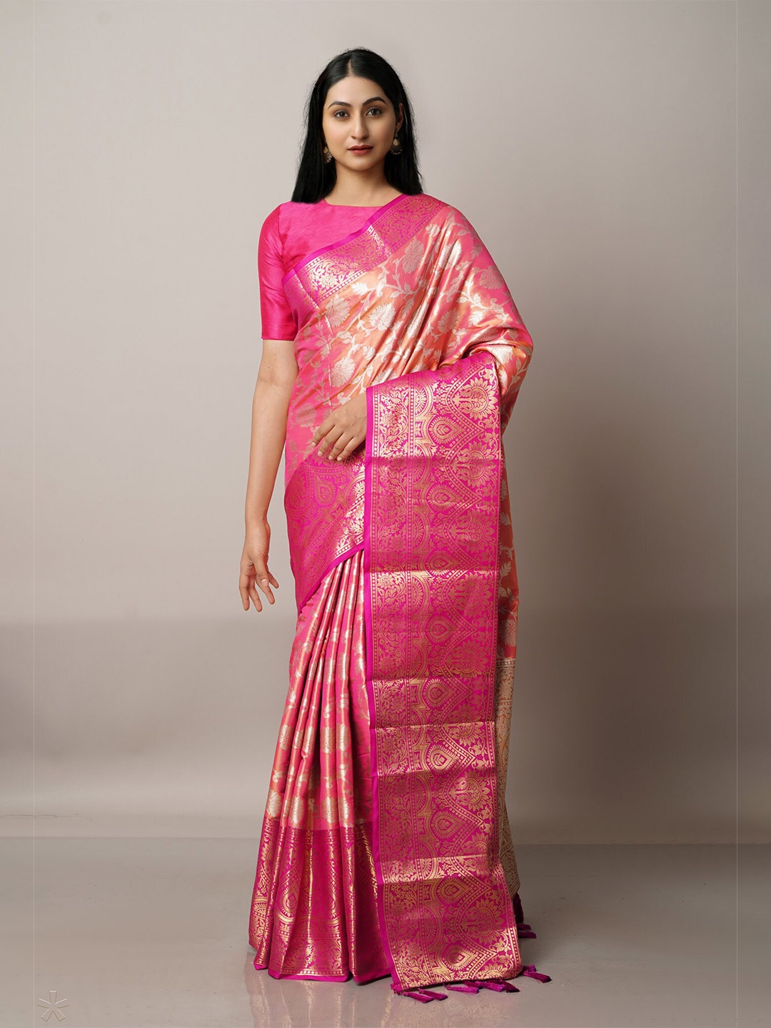 

Unnati Silks Peach-Coloured & Pink Woven Design Zari Silk Blend Banarasi Saree