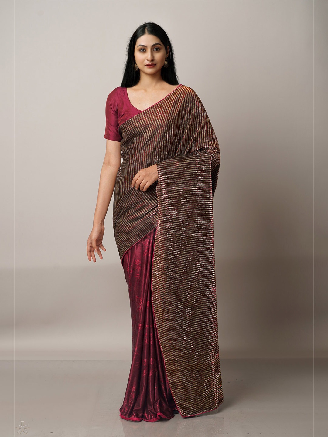 

Unnati Silks Maroon & Brown Striped Baluchari Saree