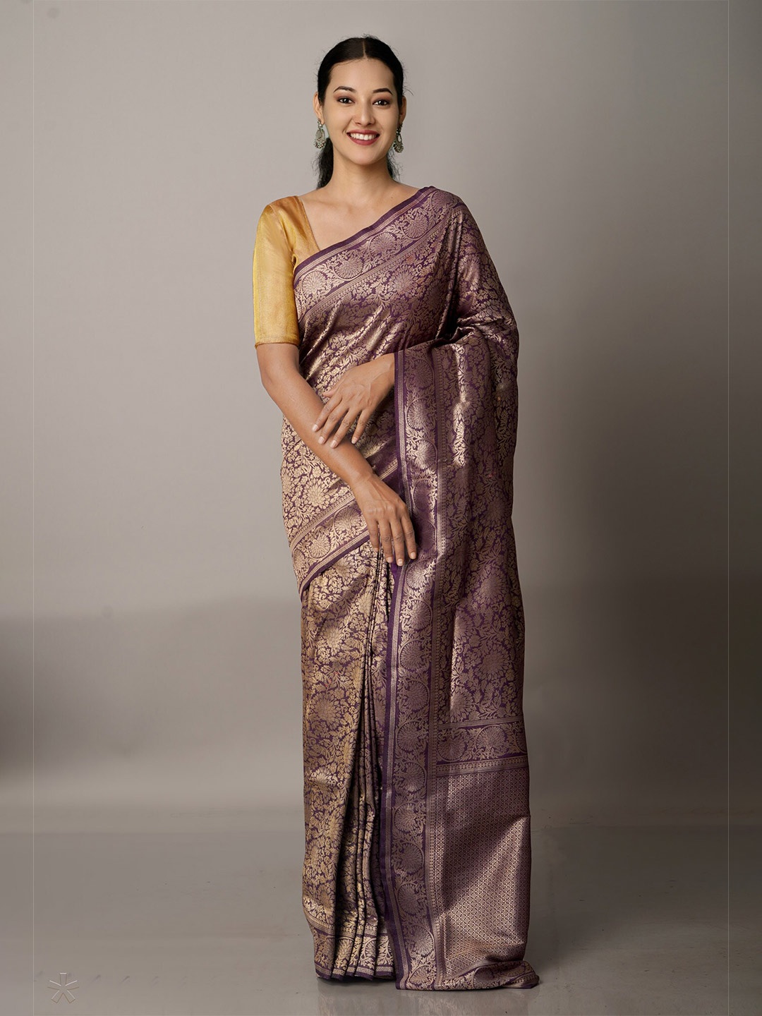 

Unnati Silks Purple & Gold-Toned Woven Design Zari Banarasi Saree