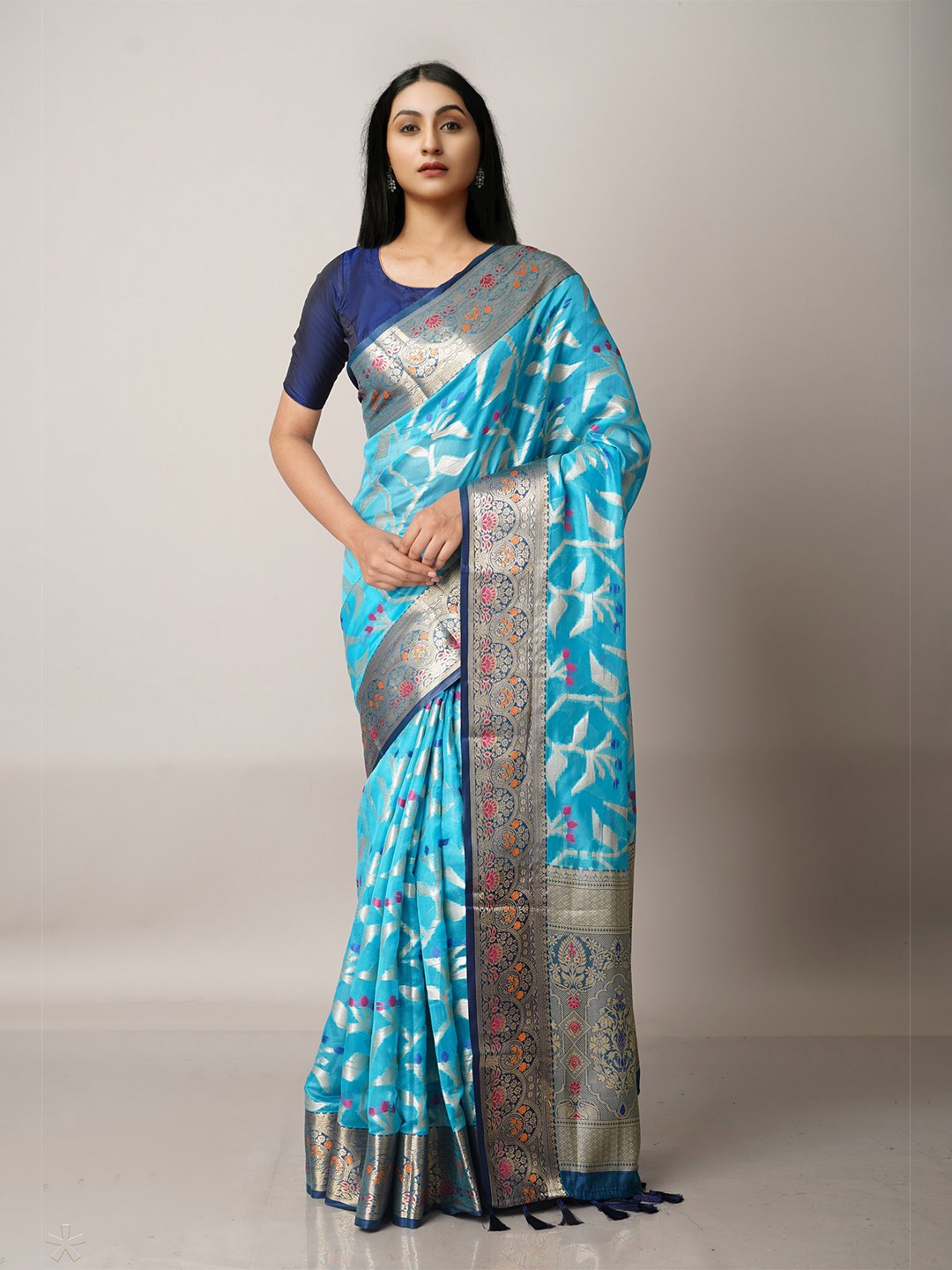 

Unnati Silks Blue & Pink Woven Design Zari Silk Blend Banarasi Saree
