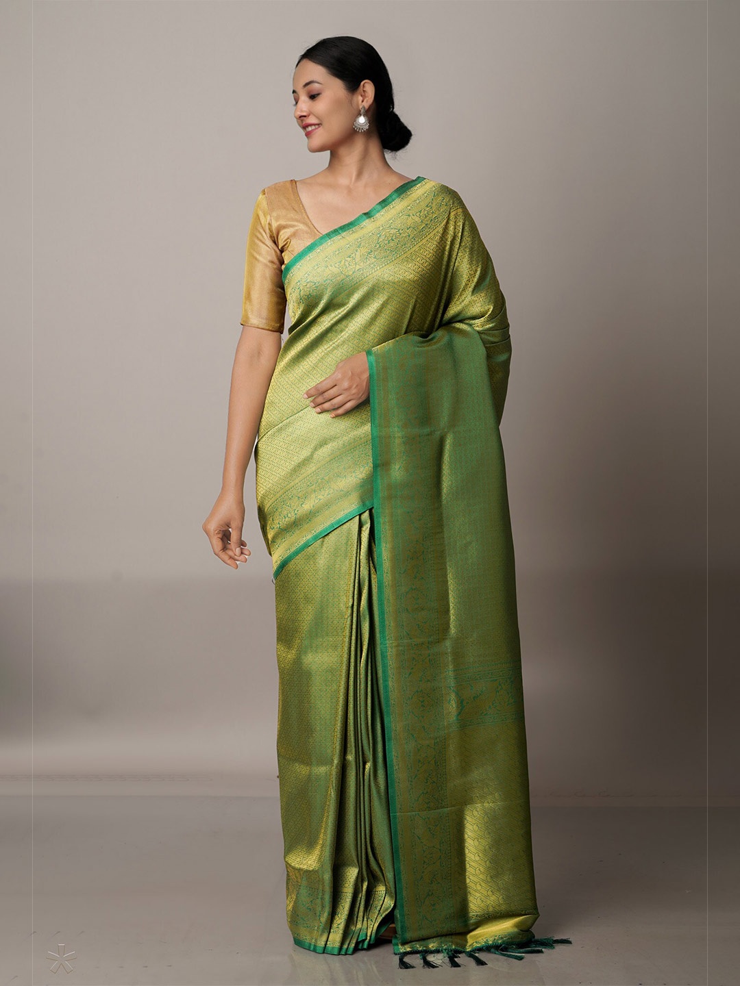 

Unnati Silks Green Ethnic Motifs Zari Banarasi Saree