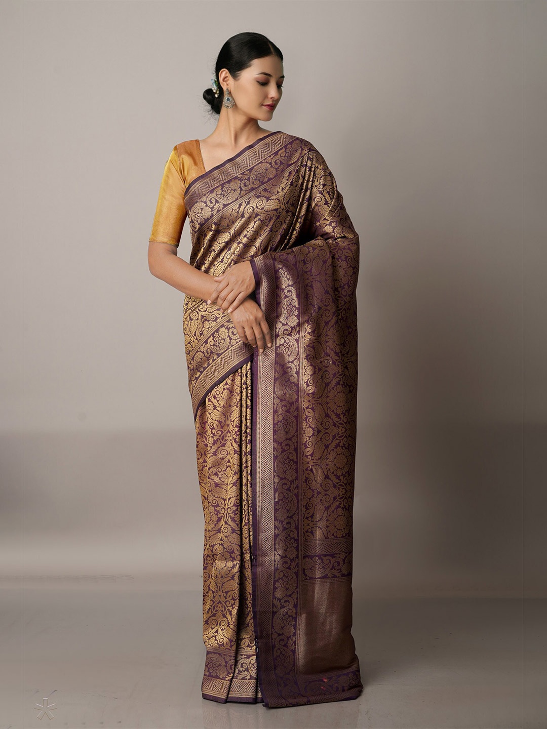 

Unnati Silks Purple & Copper-Toned Woven Design Zari Banarasi Saree