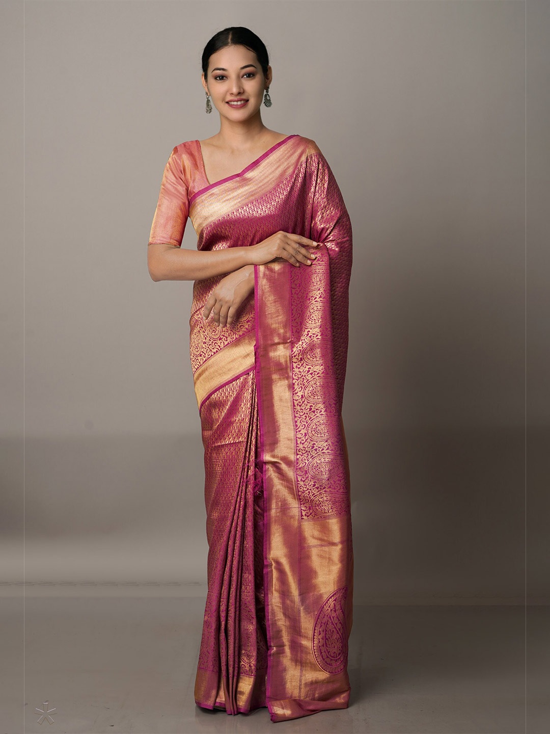 

Unnati Silks Pink & Gold-Toned Ethnic Motifs Zari Banarasi Saree