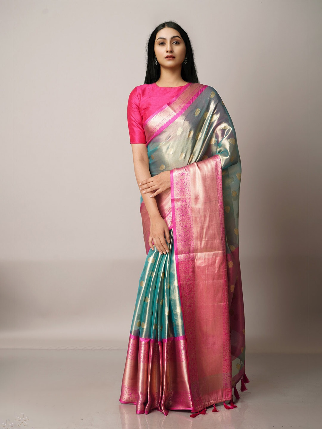 

Unnati Silks Blue & Pink Woven Design Zari Organza Banarasi Saree