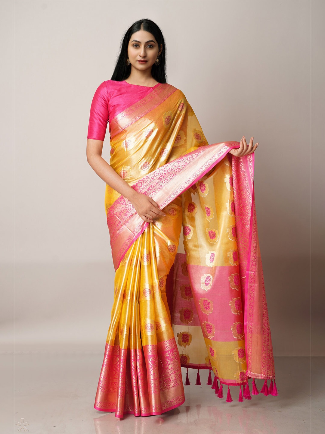 

Unnati Silks Yellow & Pink Woven Design Zari Organza Banarasi Saree