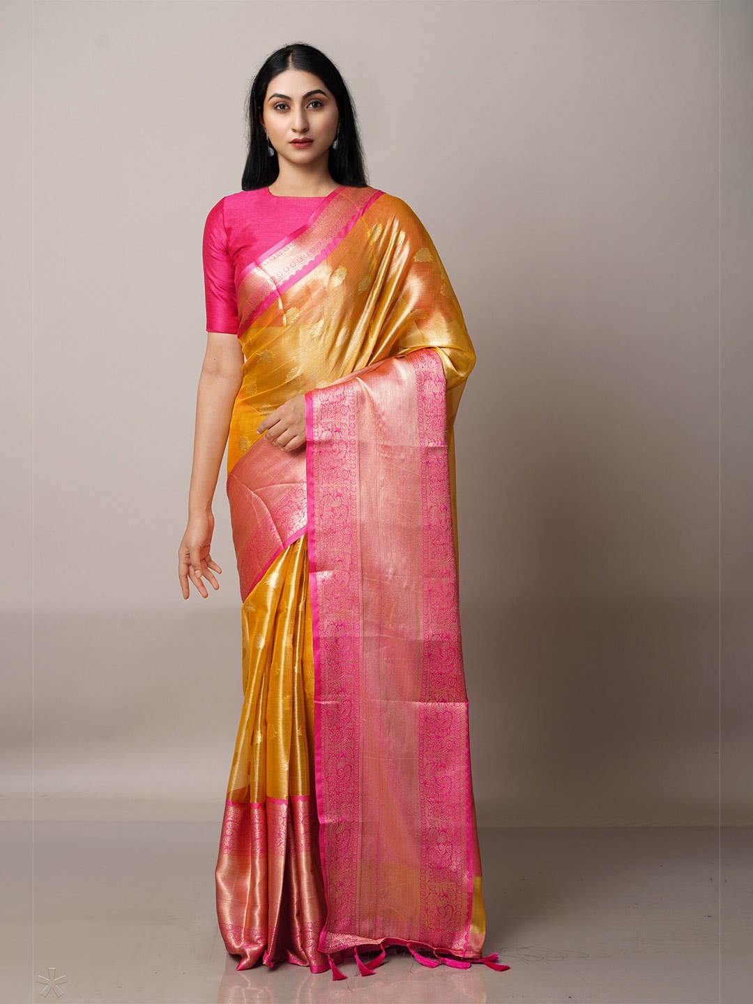 

Unnati Silks Yellow & Pink Ethnic Motifs Zari Organza Banarasi Saree