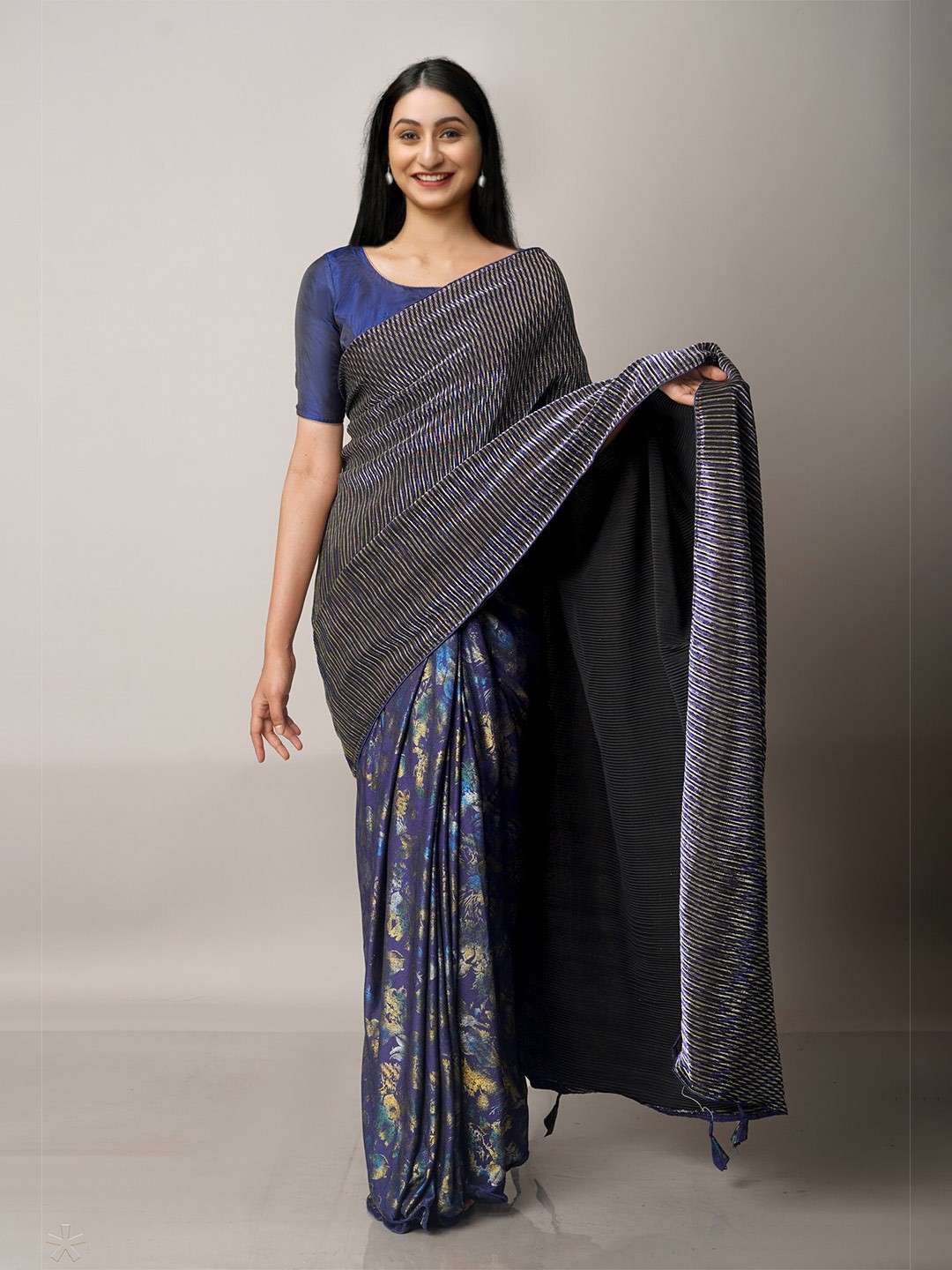 

Unnati Silks Navy Blue Striped Baluchari Saree
