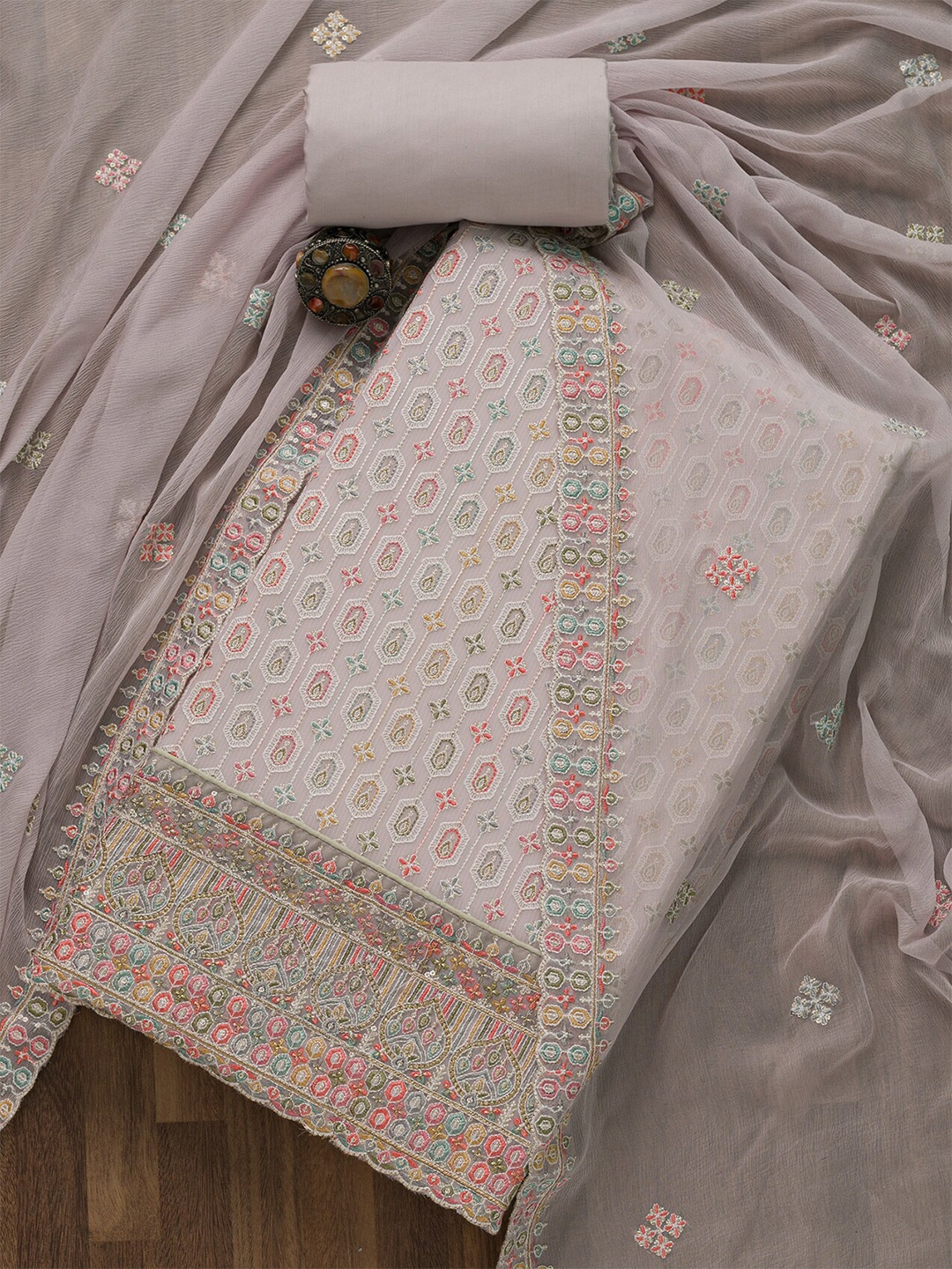 

Koskii Lavender & Pink Embroidered Unstitched Dress Material