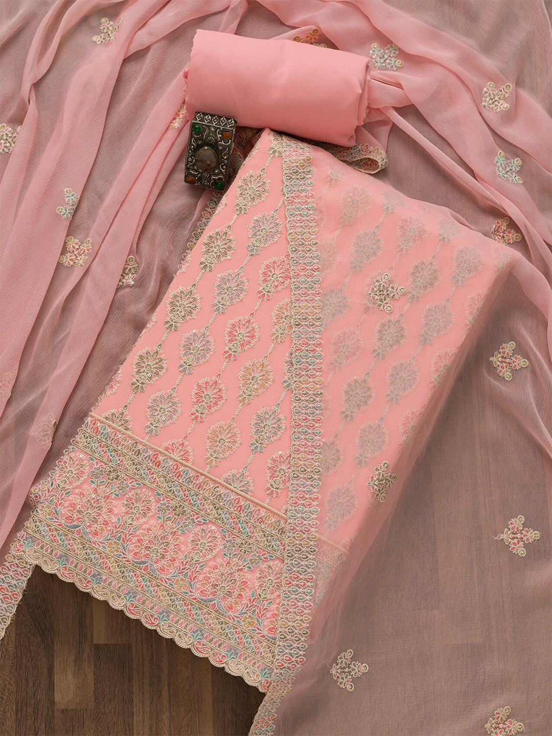 

Koskii Pink Embroidered Unstitched Dress Material