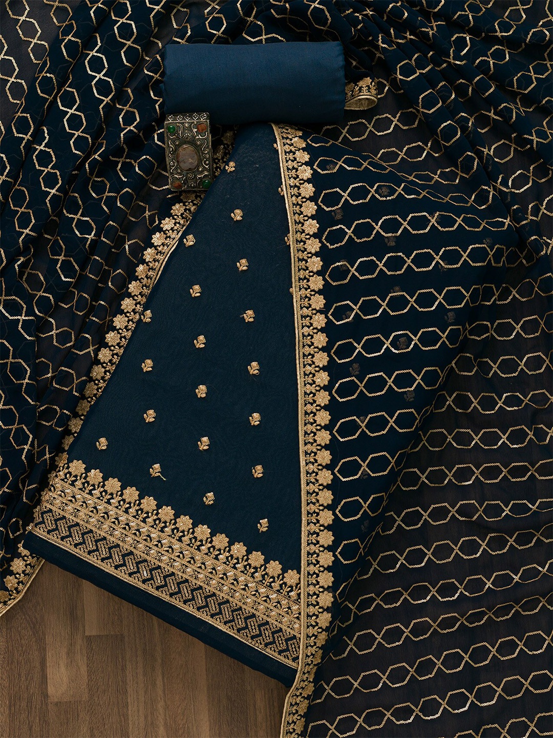 

Koskii Blue & Gold-Toned Embroidered Unstitched Dress Material