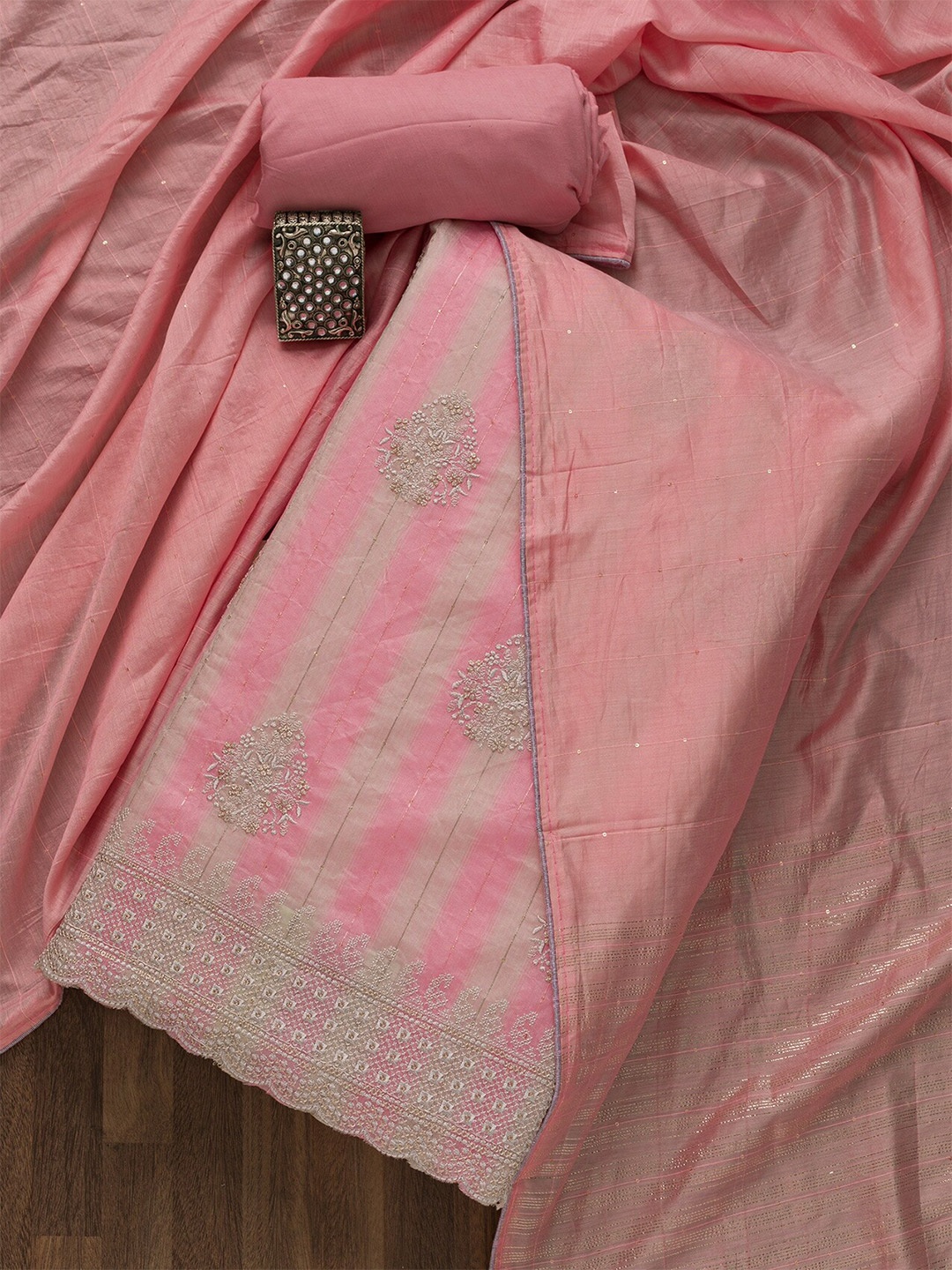 

Koskii Pink & Gold-Toned Embroidered Unstitched Dress Material