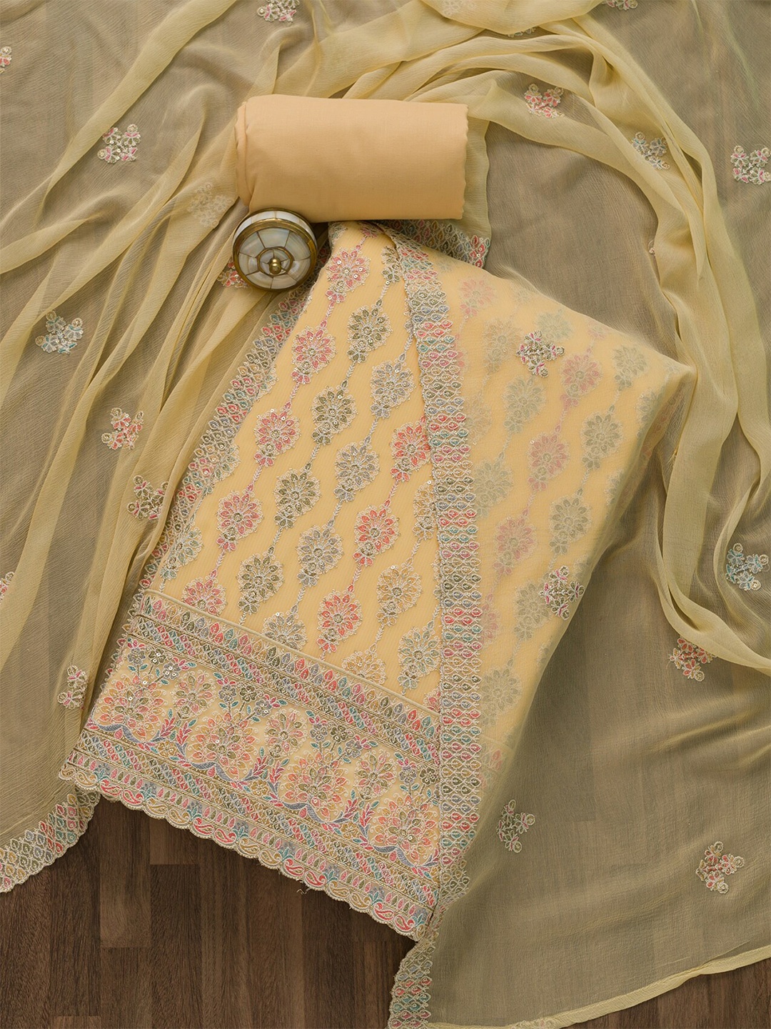 

Koskii Yellow & Pink Embroidered Unstitched Dress Material