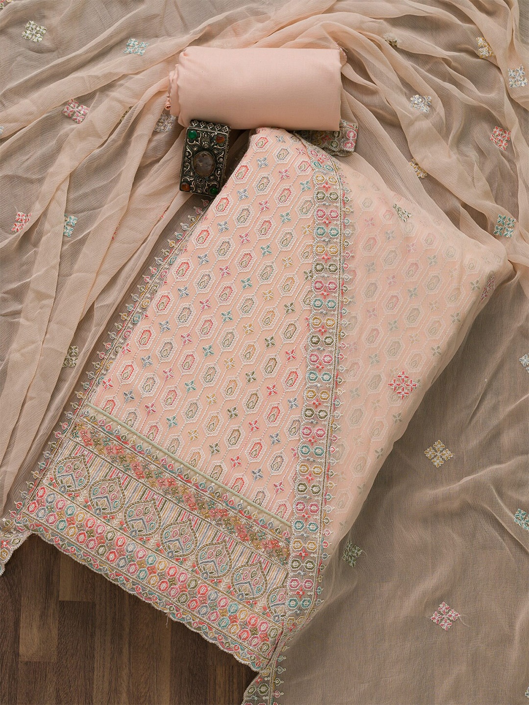 

Koskii Peach-Coloured Embroidered Unstitched Dress Material