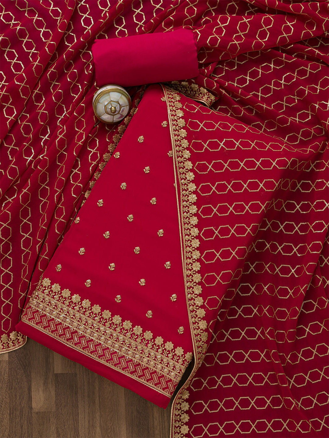 

Koskii Pink & Gold-Toned Embroidered Unstitched Dress Material