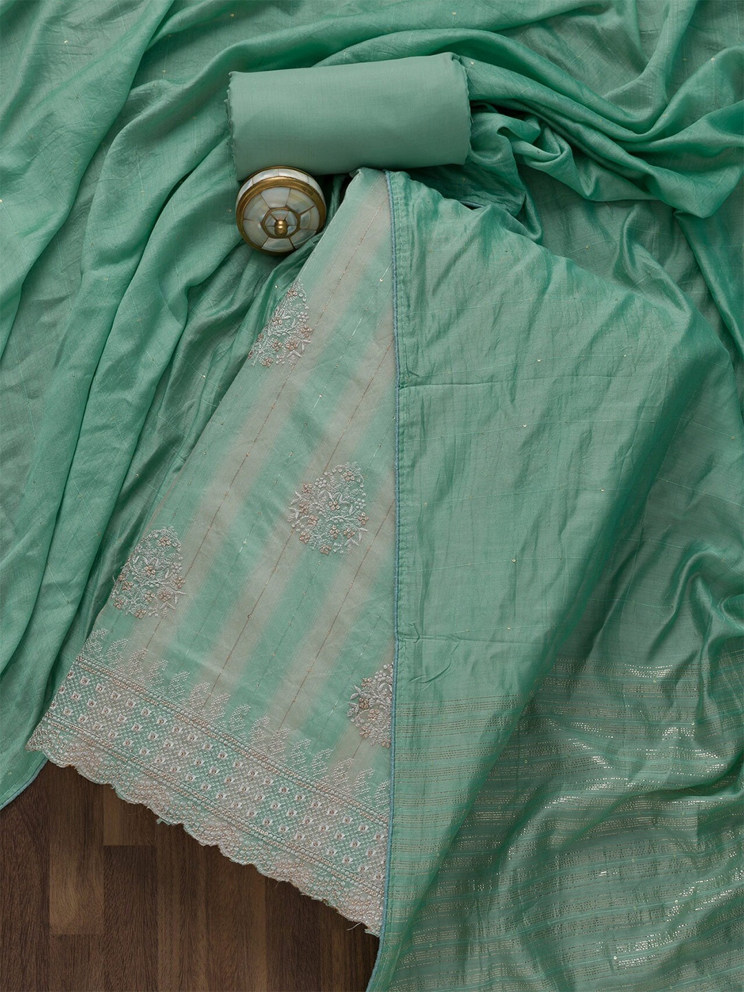 

Koskii Green & Grey Embroidered Unstitched Dress Material