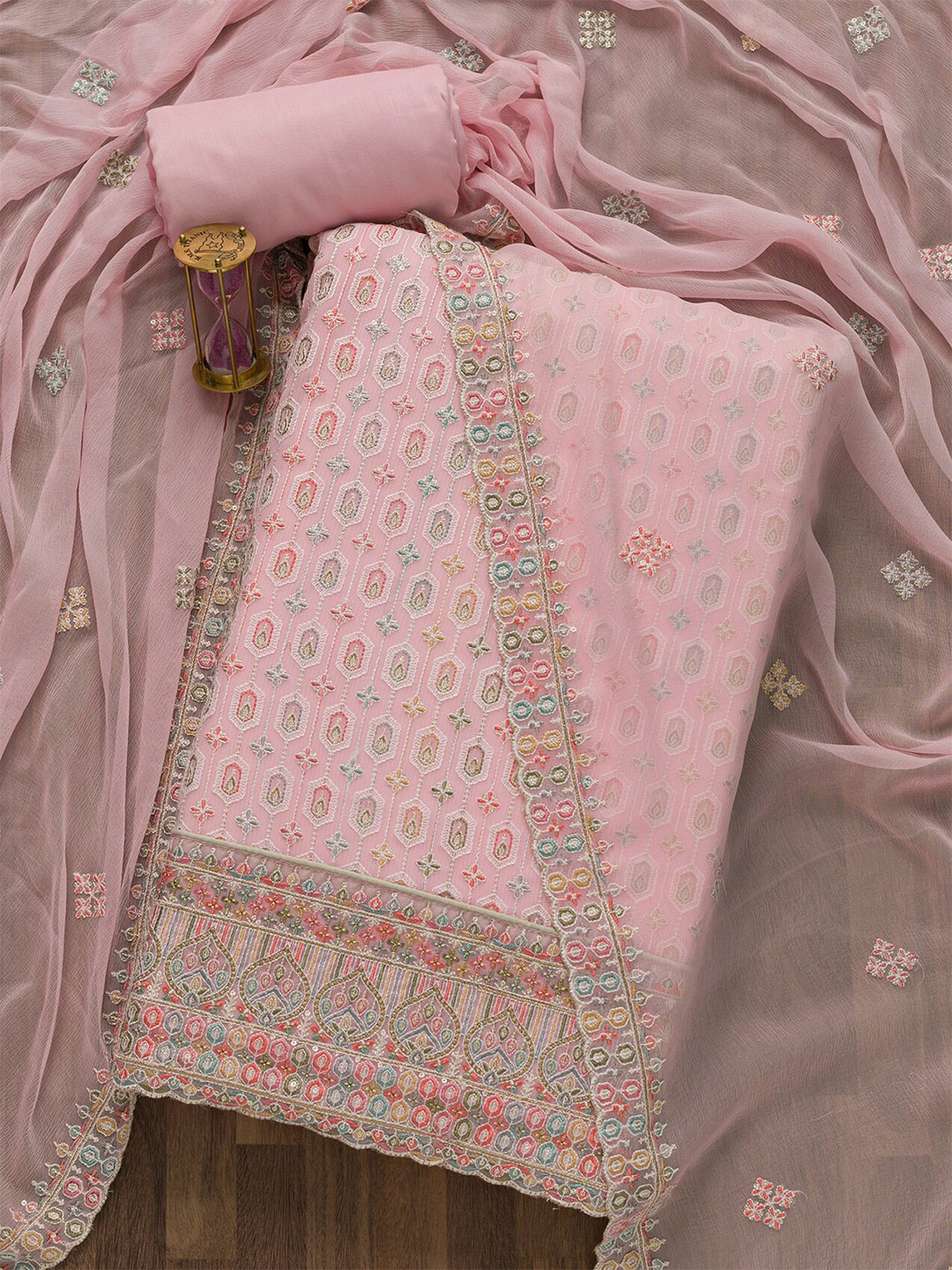 

Koskii Pink & Green Embroidered Unstitched Dress Material