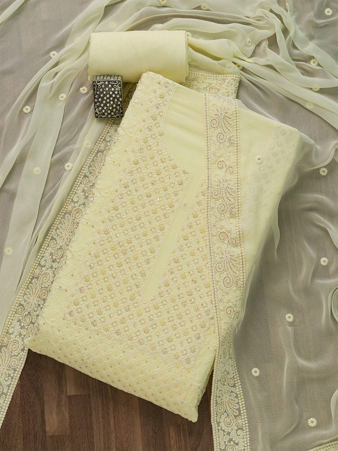 

Koskii Yellow & White Embroidered Unstitched Dress Material