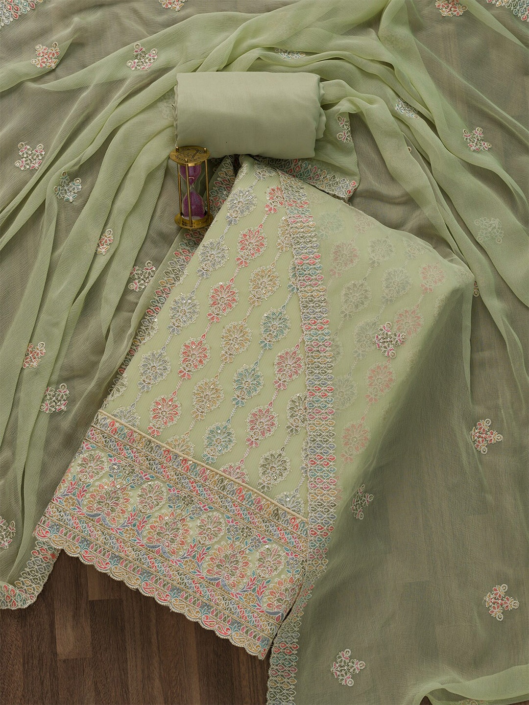 

Koskii Green & Pink Embroidered Unstitched Dress Material