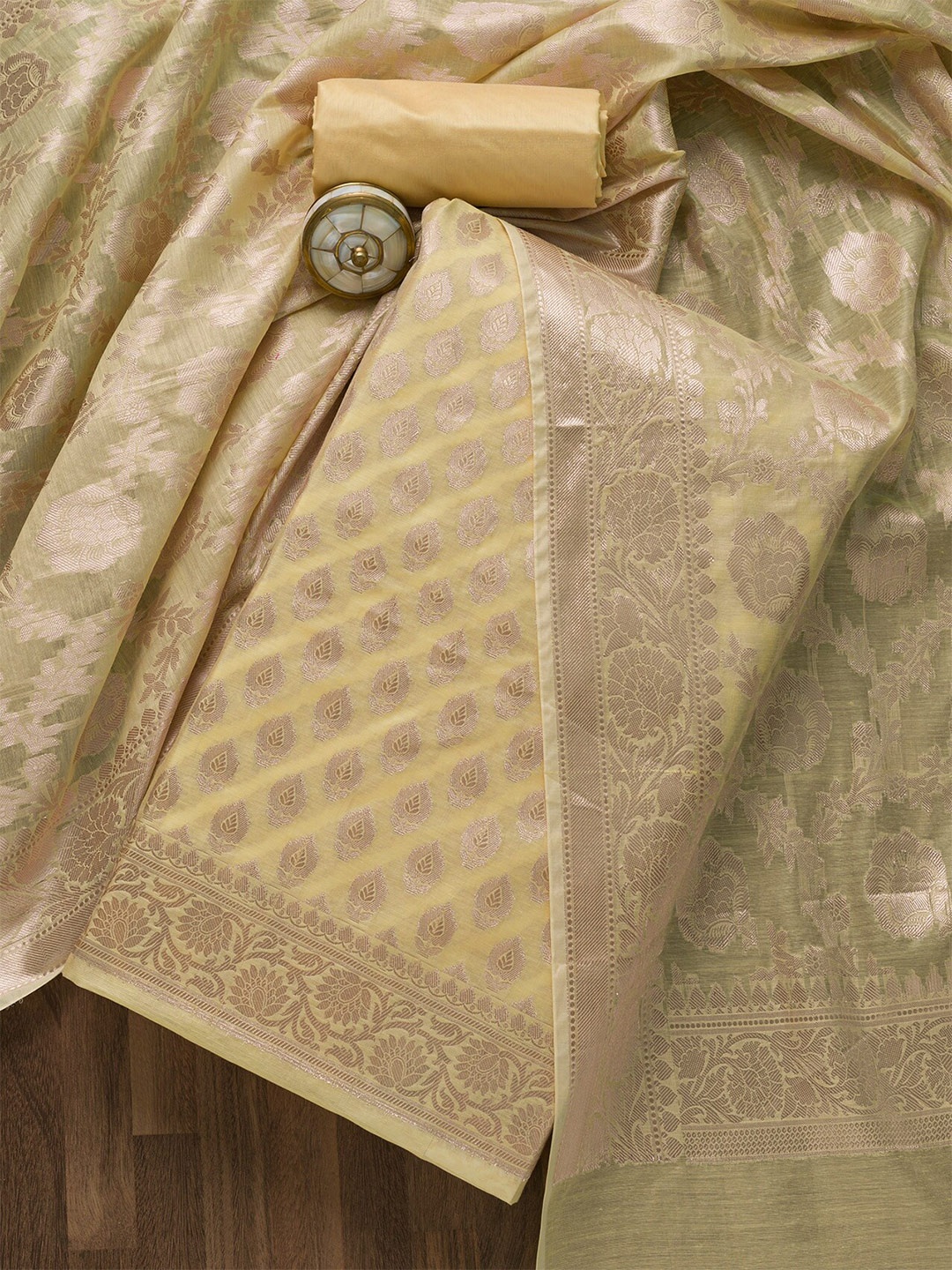 

Koskii Yellow & Gold-Toned Art Silk Unstitched Dress Material