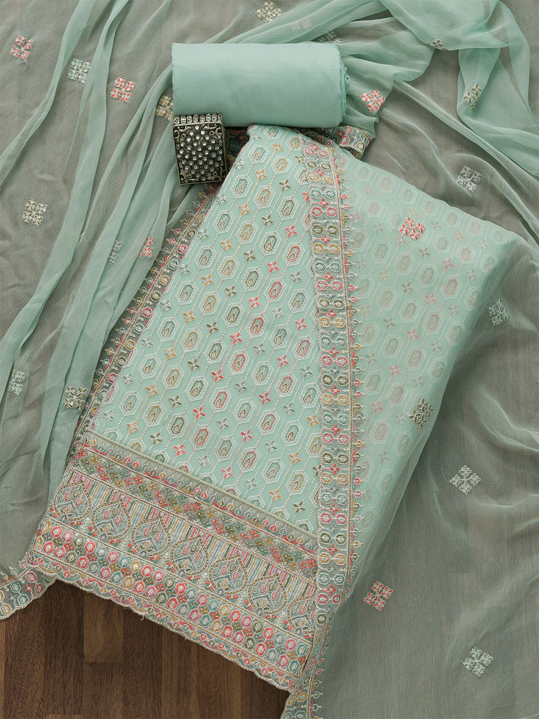 

Koskii Green & Pink Embroidered Unstitched Dress Material