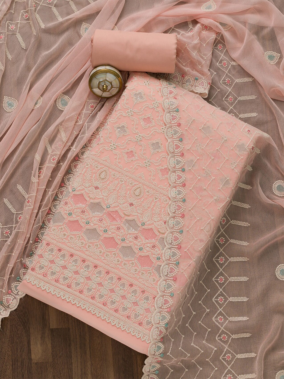 

Koskii Pink & White Embroidered Unstitched Dress Material
