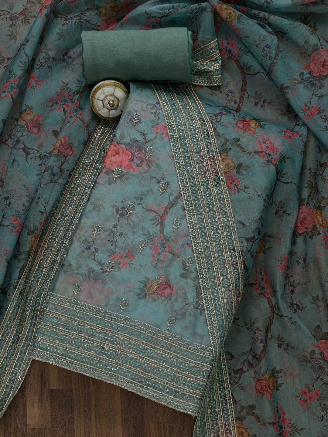 

Koskii Green & Pink Embroidered Unstitched Dress Material