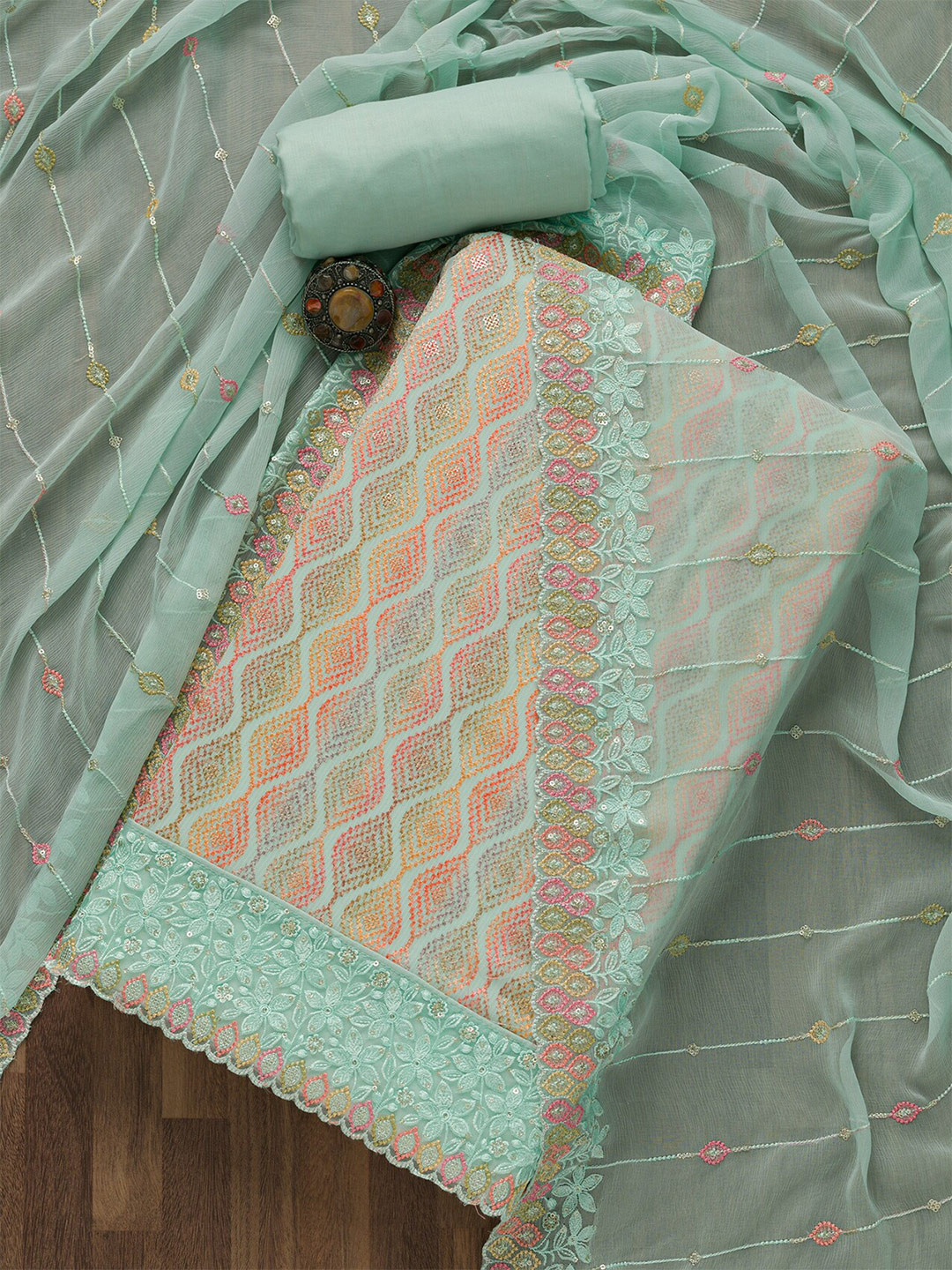 

Koskii Green & Blue Embroidered Unstitched Dress Material