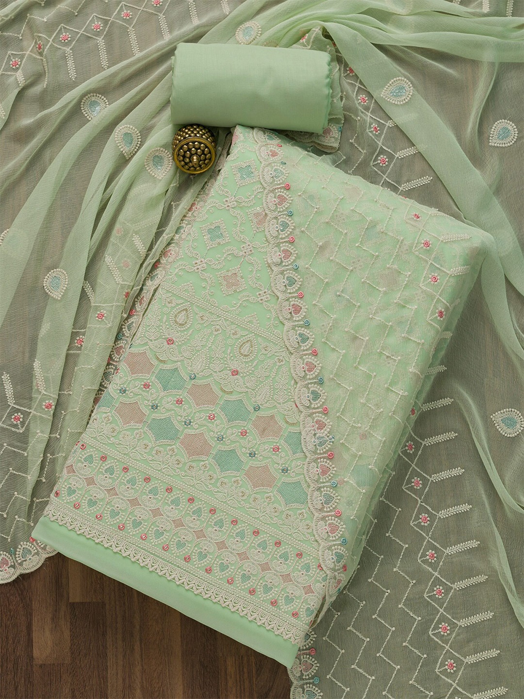 

Koskii Green & Pink Embellished Unstitched Dress Material