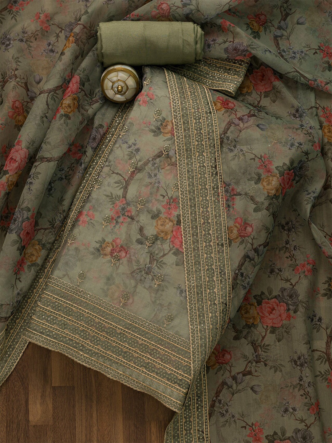 

Koskii Green & Pink Embellished Unstitched Dress Material
