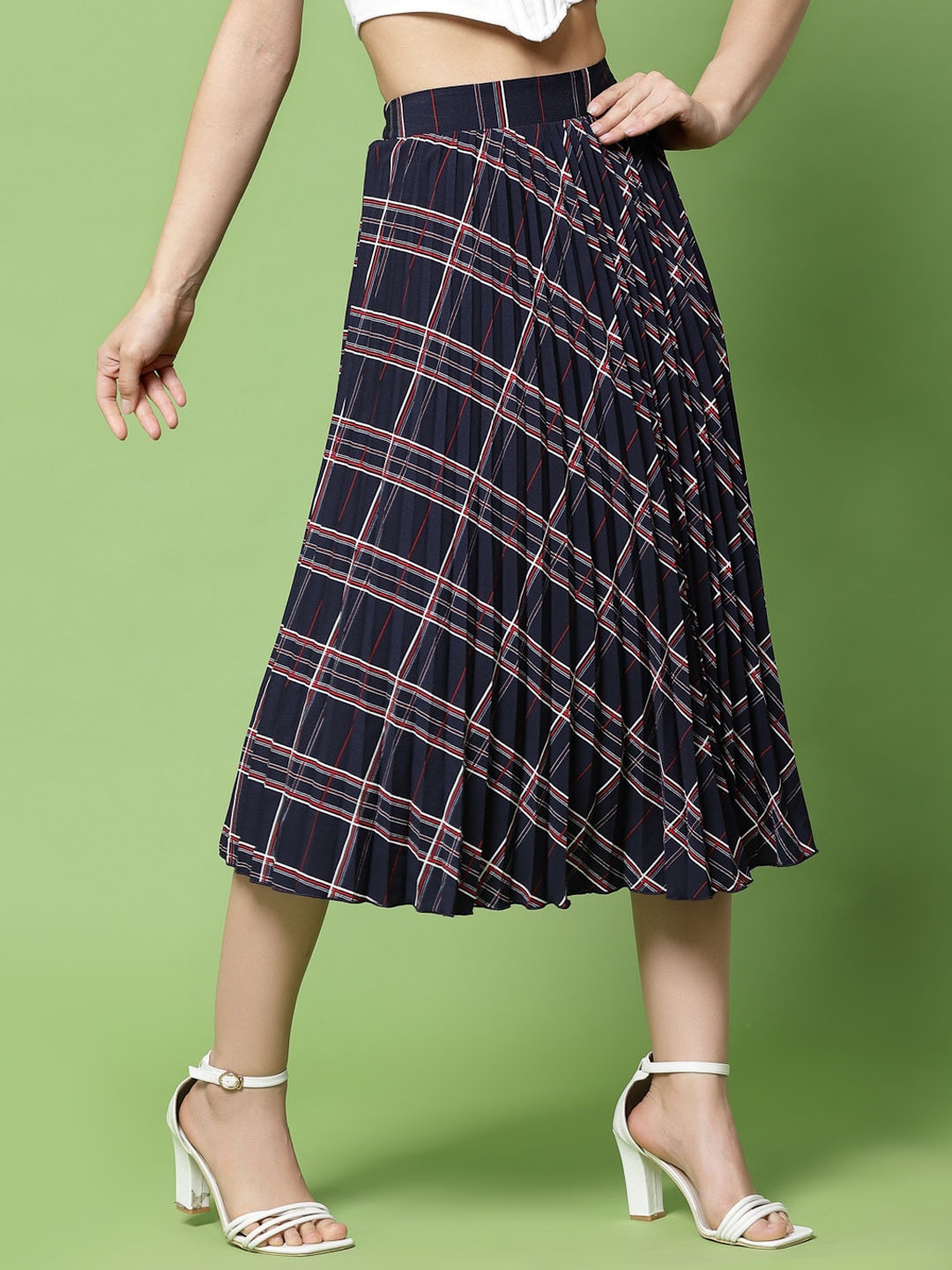 

KASSUALLY Women Navy Blue Checked Flared Midi Skirts