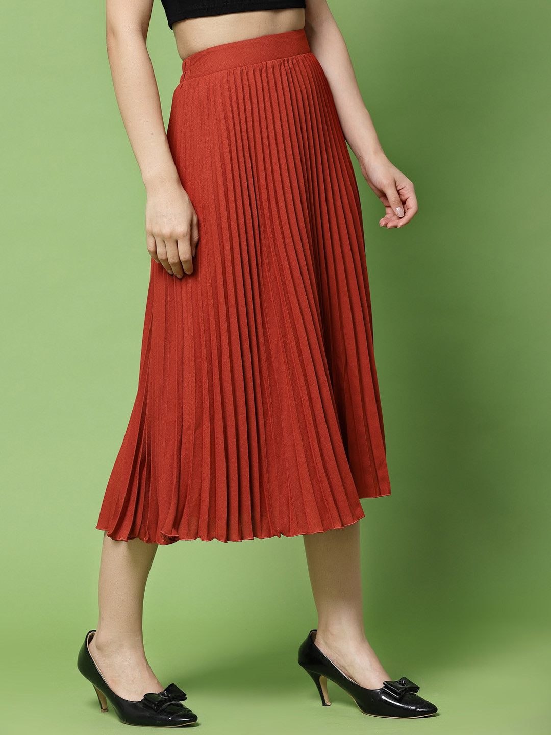 

KASSUALLY Women Rust-Coloured Pleated Flared Midi Skirts
