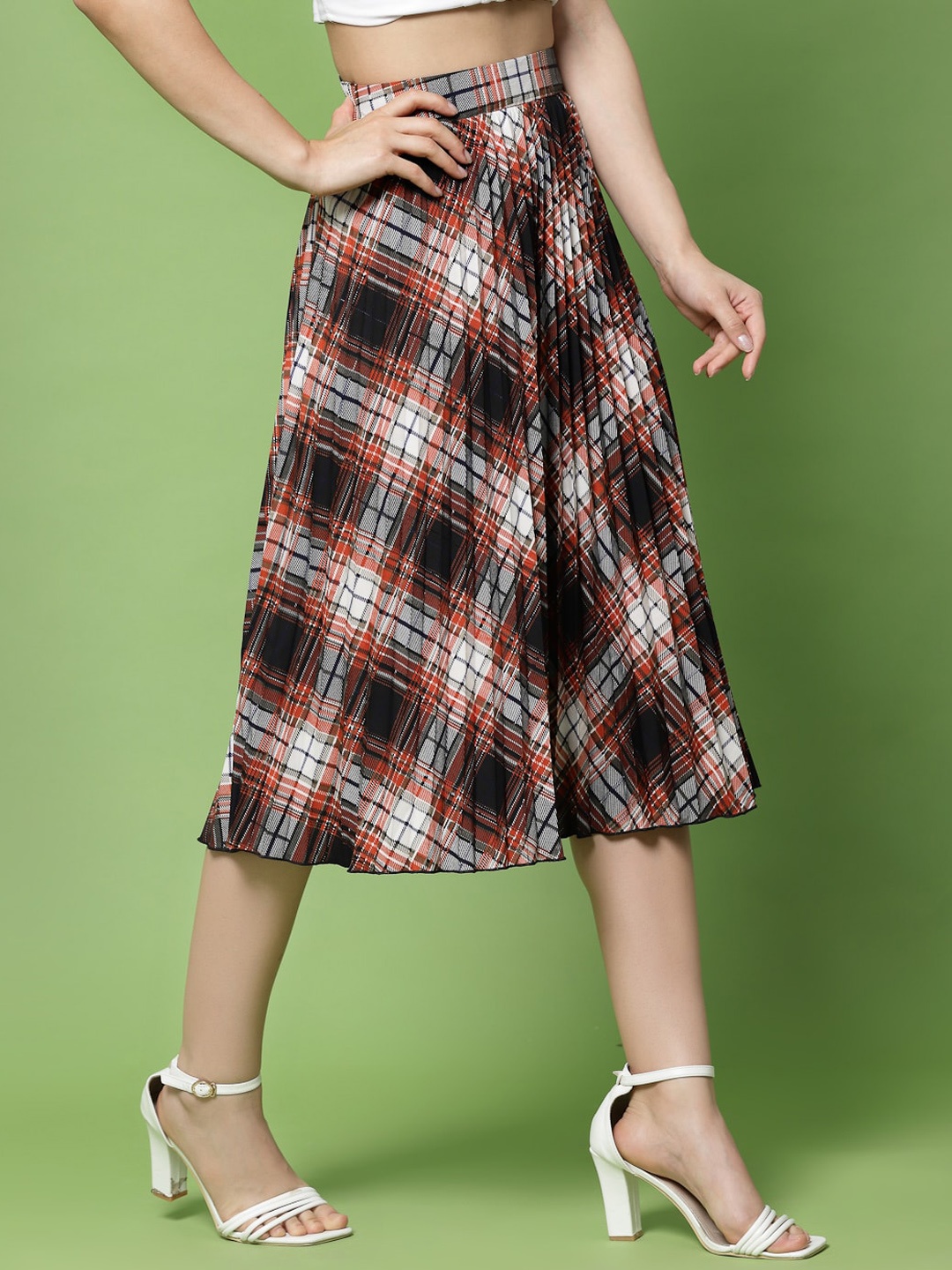 

KASSUALLY Women Rust Orange & Black Checked Midi Skirts