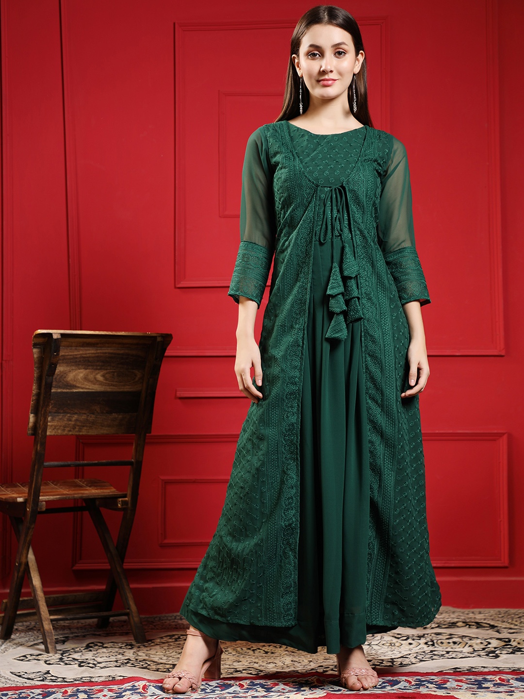 

KALINI Women Green Embroidered Ethnic Dress