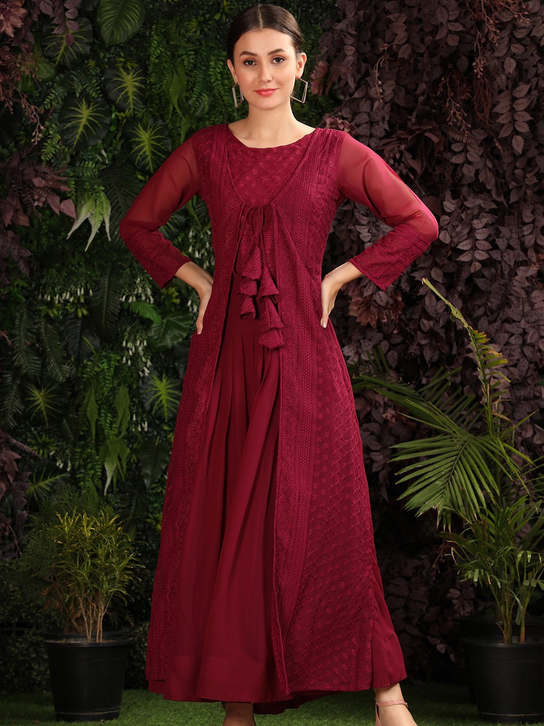 

KALINI Women Burgundy Embroidered Maxi Gown Long Ethnic Dress