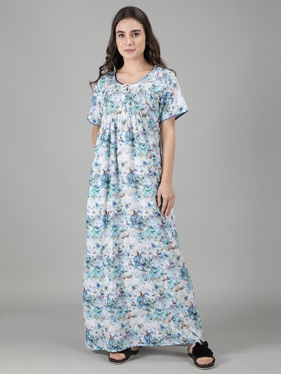 

NIGHTSPREE Blue Printed Maxi Pure Cotton Nightdress