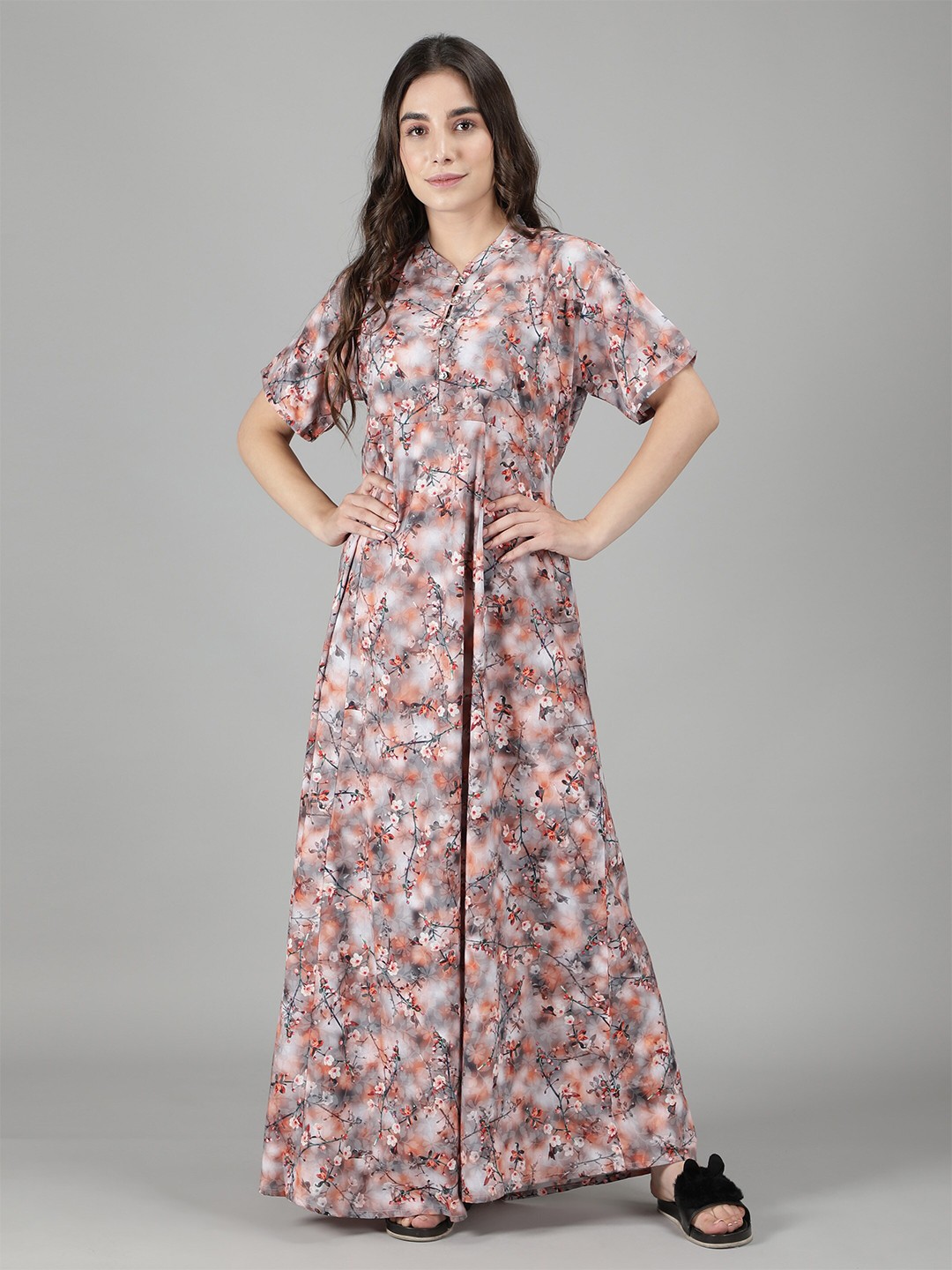 

NIGHTSPREE Peach-Coloured Printed Maxi Pure Cotton Nightdress