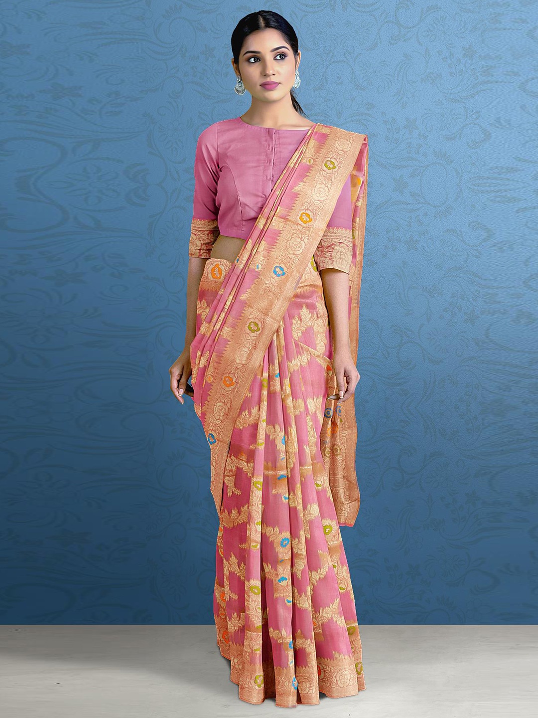 

Kalamandir Pink & Green Floral Zari Silk Blend Saree