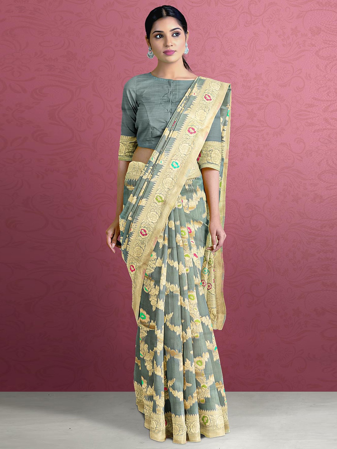 

Kalamandir Grey & Gold-Toned Floral Zari Silk Blend Saree