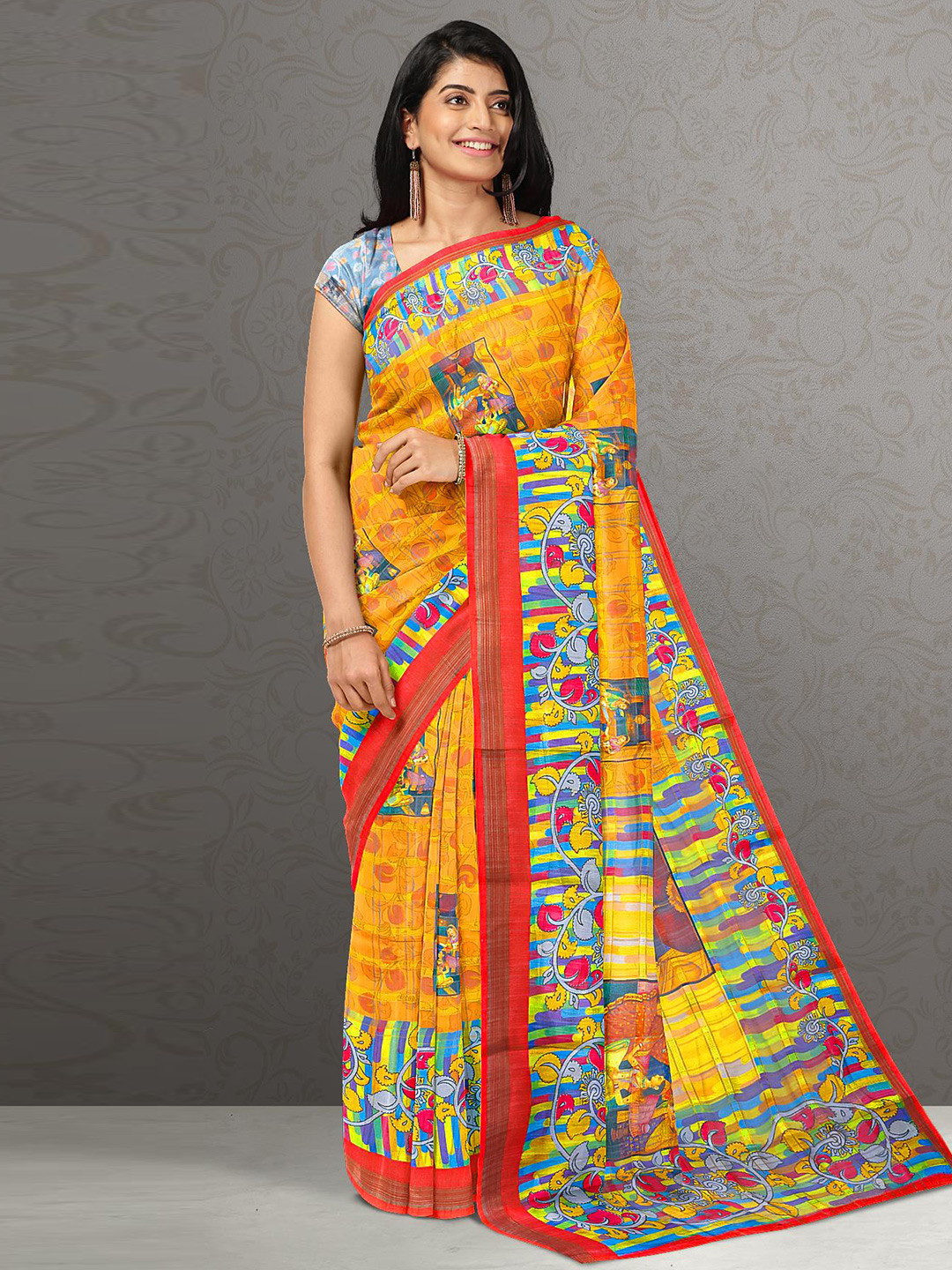 

Kalamandir Yellow & Red Kalamkari Linen Blend Saree