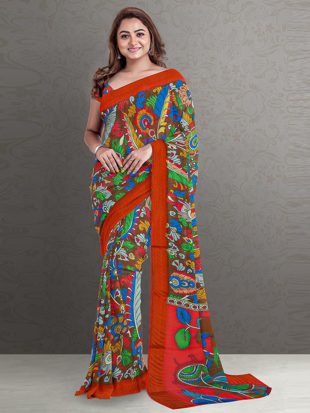 

Kalamandir Brown & Red Kalamkari Linen Blend Saree